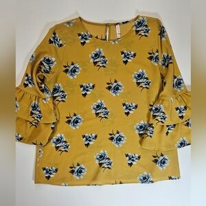 Cottagecore Blouse Womens Large Gold Floral Career Office Preppy‎ Shirt Dainty